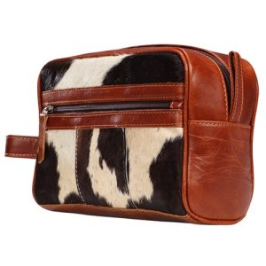 Fort Worth Cowhide Leather Toiletry Bag - Brown & White